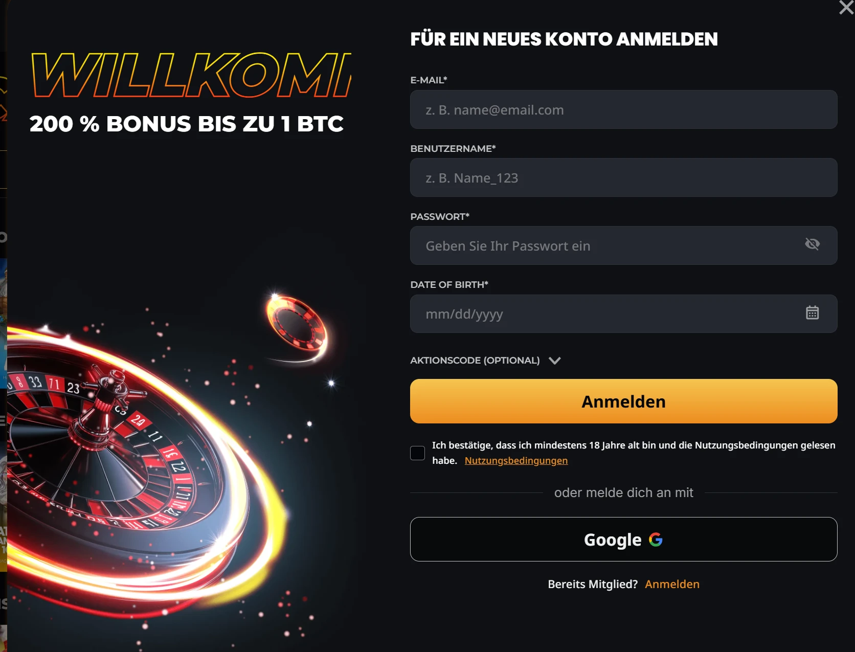 Registrierung im Instant Casino